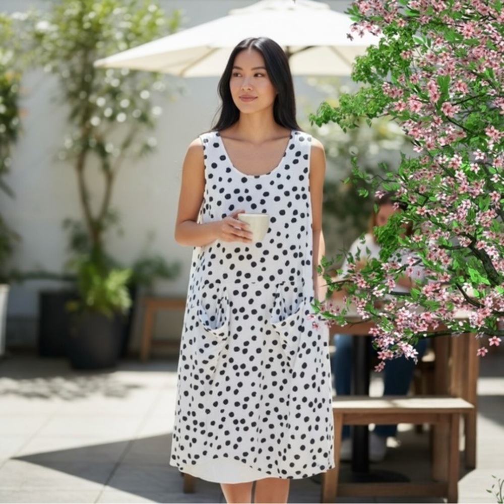 BANANA BLUE LAGENLOOK WHITE WITH BLACK POLKA DOT LINEN SUMMER SHIFT DRESS SZ M